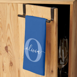 モノグラムパーソナライズされたスクリプト名ブルーホワイト キッチンタオル