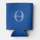 モノグラムパーソナライズされたスクリプト名ブルーホワイト 缶クーラー (正面)