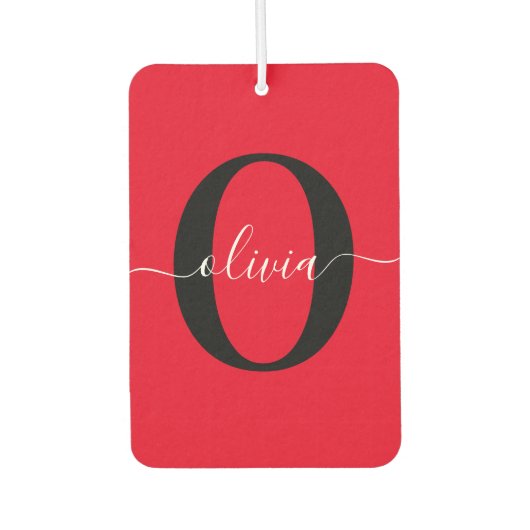 モノグラムパーソナライズされたスクリプト名レッド白黒 カーエアーフレッシュナー (正面)