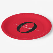 モノグラムパーソナライズされたスクリプト名レッド白黒 ペーパープレート (アングル)