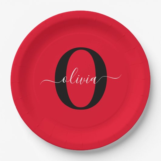 モノグラムパーソナライズされたスクリプト名レッド白黒 ペーパープレート (正面)