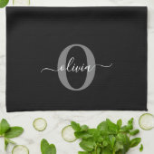 モノグラムパーソナライズされたスクリプト名白黒グレー キッチンタオル (折り畳み)