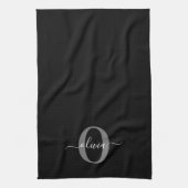 モノグラムパーソナライズされたスクリプト名白黒グレー キッチンタオル (縦)