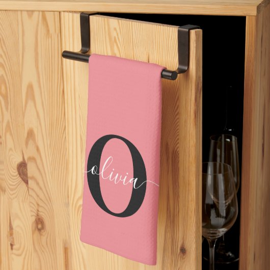 モノグラムパーソナライズされたスクリプト名白黒ピンク キッチンタオル (三つ折り)