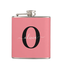 モノグラムパーソナライズされたスクリプト名白黒ピンク フラスク