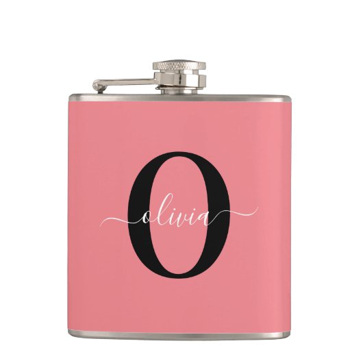 モノグラムパーソナライズされたスクリプト名白黒ピンク フラスク (正面)