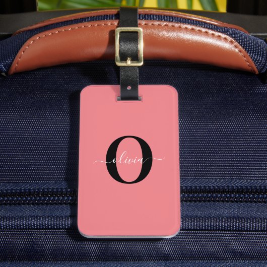 モノグラムパーソナライズされたスクリプト名白黒ピンク ラゲッジタグ (正面インサイチュ2)
