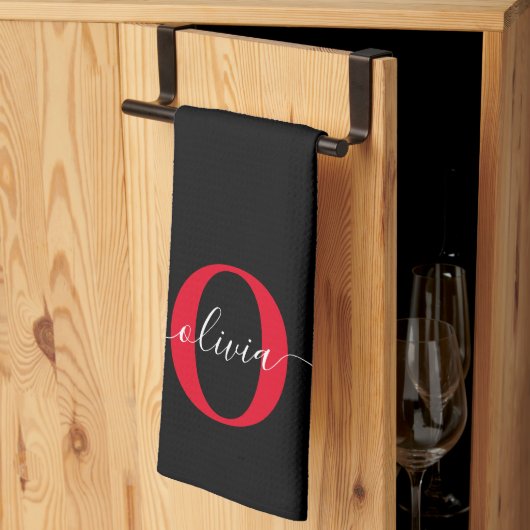 モノグラムパーソナライズされたスクリプト名白黒赤 キッチンタオル (三つ折り)