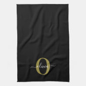 モノグラムパーソナライズされたスクリプト名白黒金ゴールド キッチンタオル (縦)