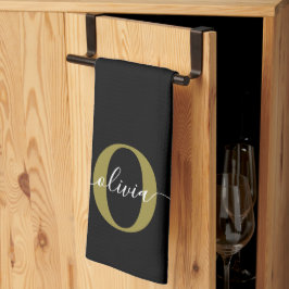 モノグラムパーソナライズされたスクリプト名白黒金ゴールド キッチンタオル