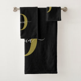 モノグラムパーソナライズされたスクリプト名白黒金ゴールド バスタオルセット