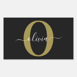 モノグラムパーソナライズされたスクリプト名白黒金ゴールド 長方形シール