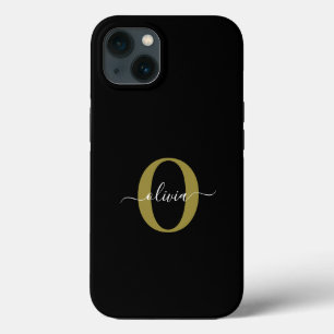 モノグラムパーソナライズされたスクリプト名白黒金ゴールド iPhone 13ケース