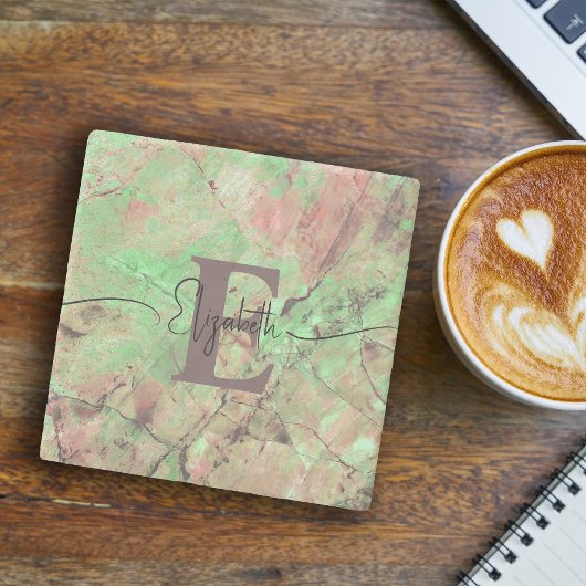 モノグラムパーソナライズされたスクリプト名Green Marble ストーンコースター