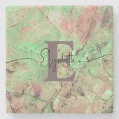 モノグラムパーソナライズされたスクリプト名Green Marble ストーンコースター (正面)