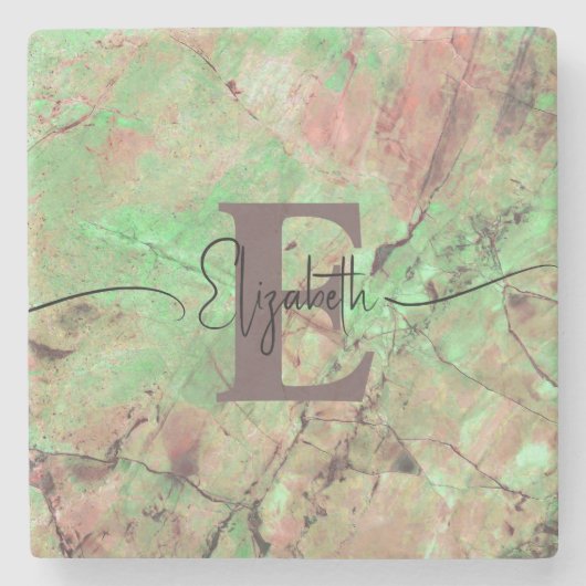 モノグラムパーソナライズされたスクリプト名Green Marble ストーンコースター (正面)
