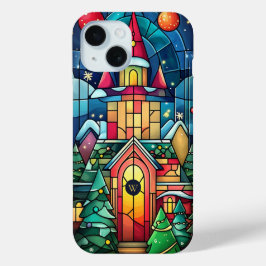 モノグラムパーソナライズされたステンドグラス冬のシーン iPhone 15ケース