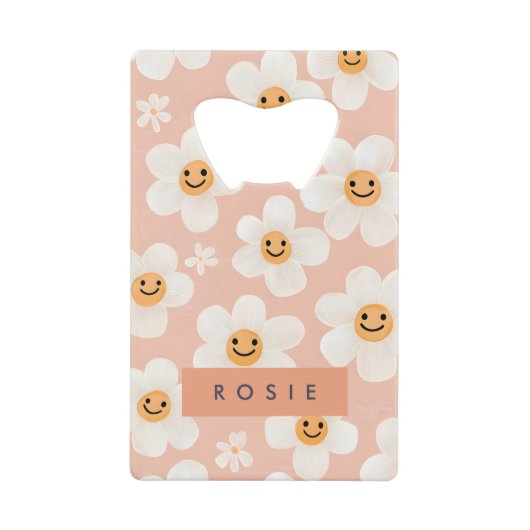 モノグラムパーソナライズされたスマイルデイジーフローラルパターン クレジットカード栓抜き (正面)