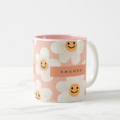 モノグラムパーソナライズされたスマイルデイジーフローラルパターン ツートーンマグカップ (正面右)
