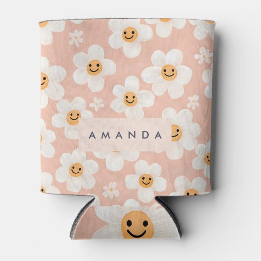モノグラムパーソナライズされたスマイルデイジーフローラルパターン 缶クーラー (正面)