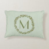 モノグラムパーソナライズされたセージ緑ストライプ&オリーブ アクセントクッション (裏面)