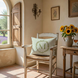 モノグラムパーソナライズされたセージ緑ストライプ&オリーブ アクセントクッション