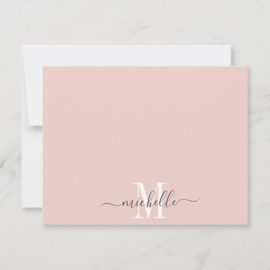 モノグラムパーソナライズされたダスティピンクの白いスクリプト名 ノートカード (正面)
