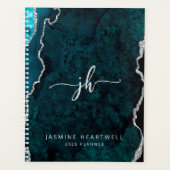 モノグラムパーソナライズされたティール(緑がかった色)銀瑪瑙2025 プランナー手帳 (正面)