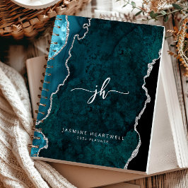 モノグラムパーソナライズされたティール（緑がかった色）銀瑪瑙2025 プランナー手帳