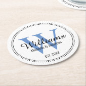 モノグラムパーソナライズされたニューグレードブルー ラウンドペーパーコースター (アングル)