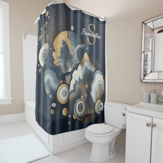 モノグラムパーソナライズされたネイビスタイリッシューブルー金ゴールド瑪瑙 シャワーカーテン (インサイチュ)