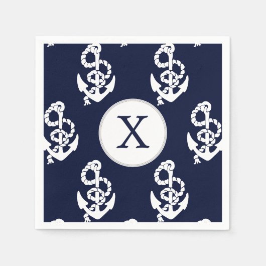 モノグラムパーソナライズされたネイビーブルーいかり航海の スタンダードカクテルナプキン (正面)