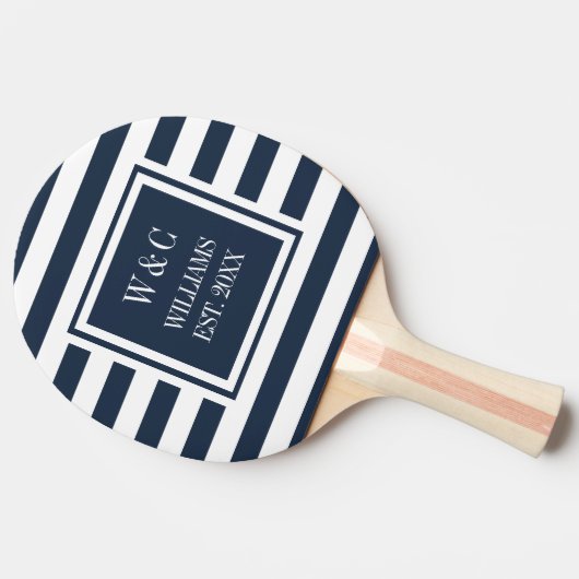 モノグラムパーソナライズされたネイビーブルーホワイトストライプ 卓球ラケット (横)