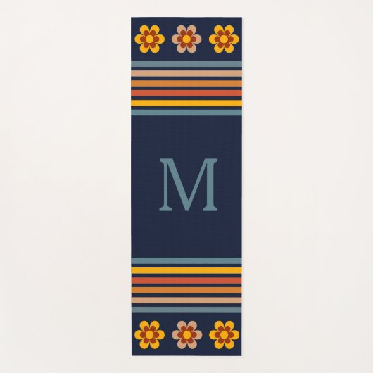 モノグラムパーソナライズされたネイビーブルーレトロフローラ ヨガマット (正面)