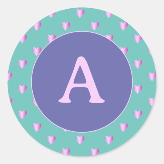 モノグラムパーソナライズされたハートパターン薄紫ティール（緑がかった色） ラウンドシール (正面)