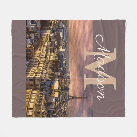 モノグラムパーソナライズされたパリフランスエッフェルタワー フリースブランケット (正面(横))