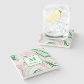 モノグラムパーソナライズされたピンクと緑の大理石 ストーンコースター (横)