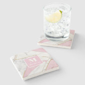 モノグラムパーソナライズされたピンク&金ゴールド大理石 ストーンコースター (横)