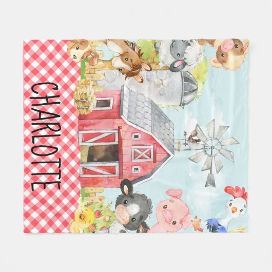 モノグラムパーソナライズされたファーム納屋周囲の庭動物 フリースブランケット (正面(横))