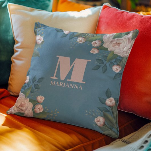 モノグラムパーソナライズされたフローラピンクローズ クッション