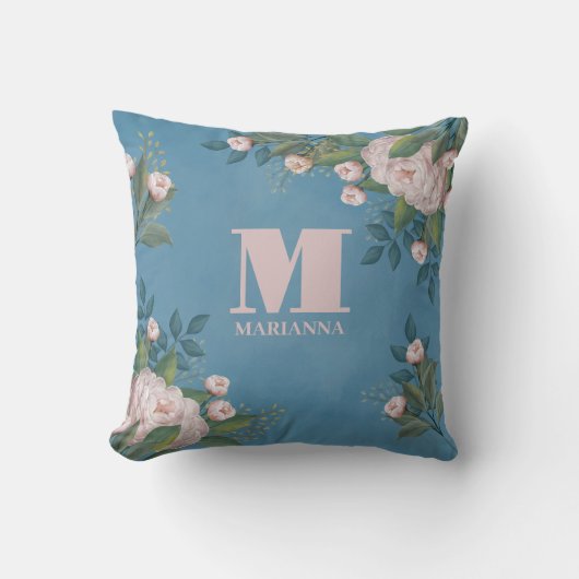 モノグラムパーソナライズされたフローラピンクローズ クッション (正面)