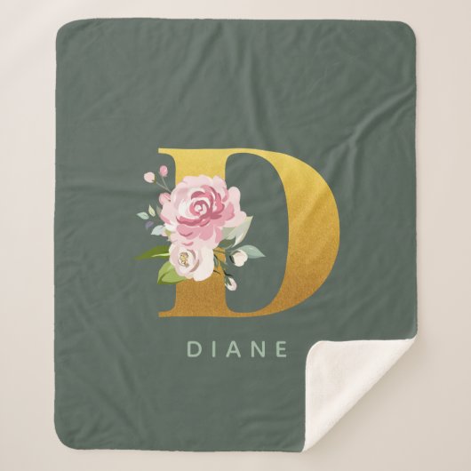 モノグラムパーソナライズされたフローラフェイク金ゴールド文字D シェルパブランケット (正面)