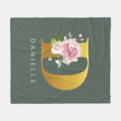 モノグラムパーソナライズされたフローラ文字D フリースブランケット (正面(横))