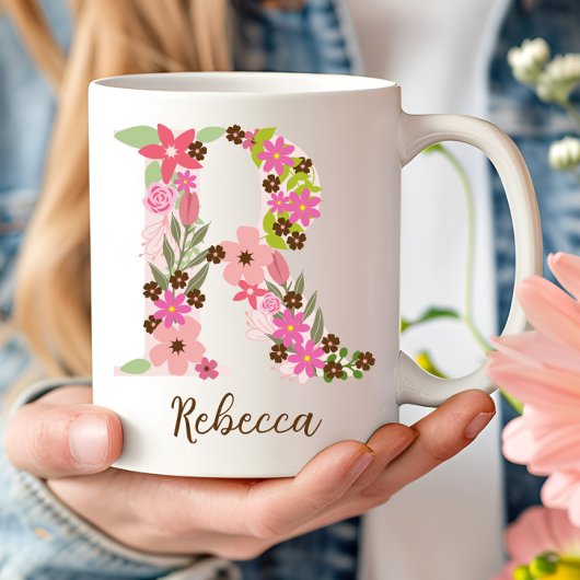モノグラムパーソナライズされたフローラ文字R コーヒーマグカップ