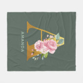 モノグラムパーソナライズされたフローラ植物文字A フリースブランケット (正面(横))