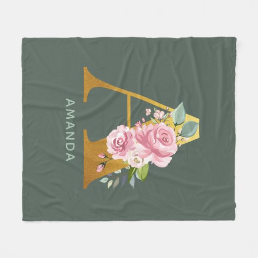 モノグラムパーソナライズされたフローラ植物文字A フリースブランケット (正面(横))