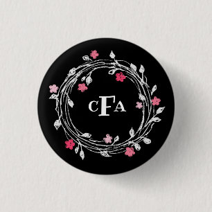 モノグラムパーソナライズされたブラック&ホワイトフローラリース 缶バッジ
