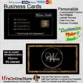 モノグラムパーソナライズされたブラック&金ゴールドグリッターQRコード 名刺