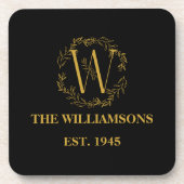 モノグラムパーソナライズされたブラック&金ゴールドファミリーイニシャル コースター (正面)