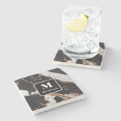 モノグラムパーソナライズされたブラック&金ゴールド大理石 ストーンコースター (横)